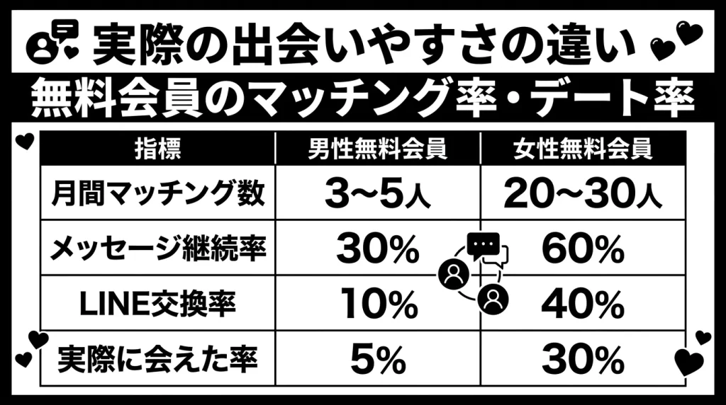 実際の出会いやすさの違い
無料会員のマッチング率・デート率