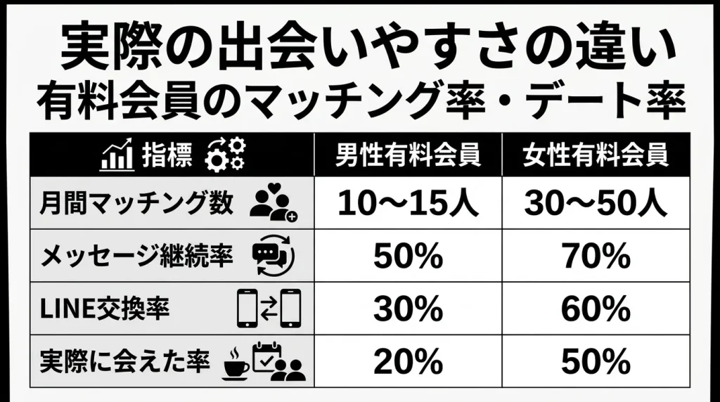 実際の出会いやすさの違い
有料会員のマッチング率・デート率