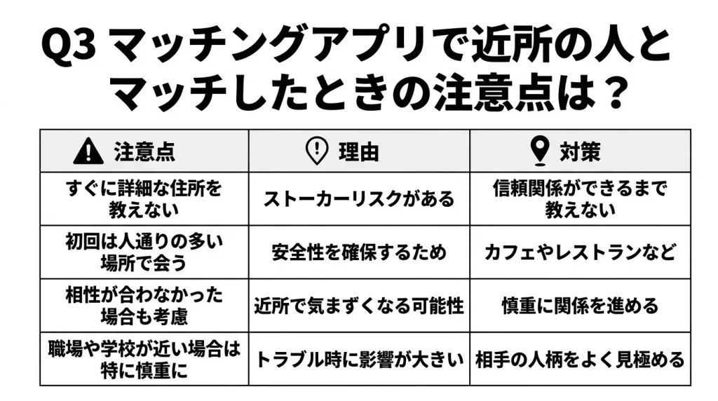 Q3 マッチングアプリで近所の人とマッチしたときの注意点は？
