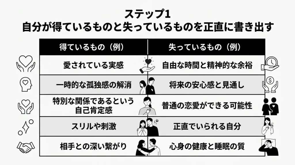 ステップ1　自分が得ているものと失っているものを正直に書き出す
