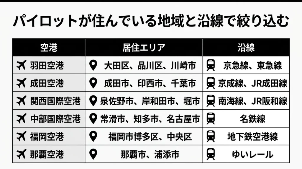パイロットが住んでいる地域と沿線で絞り込む