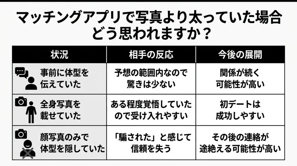 マッチングアプリで写真より太っていた場合どう思われますか？