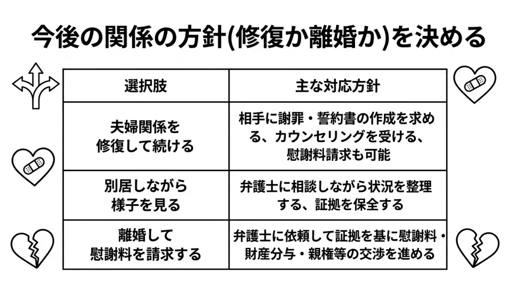今後の関係の方針（修復か離婚か）を決める