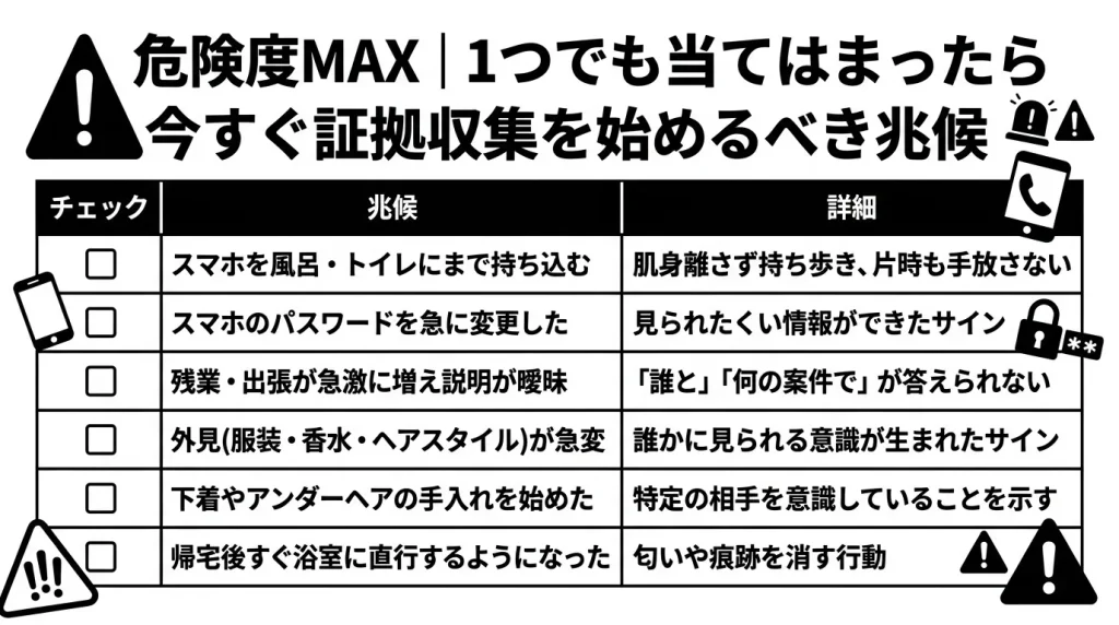 危険度MAX｜1つでも当てはまったら今すぐ証拠収集を始めるべき兆候