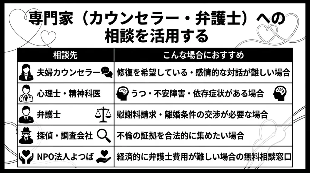 専門家（カウンセラー・弁護士）への相談を活用する