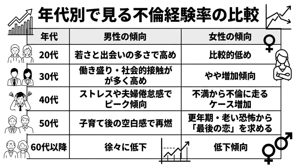 年代別で見る不倫経験率の比較
