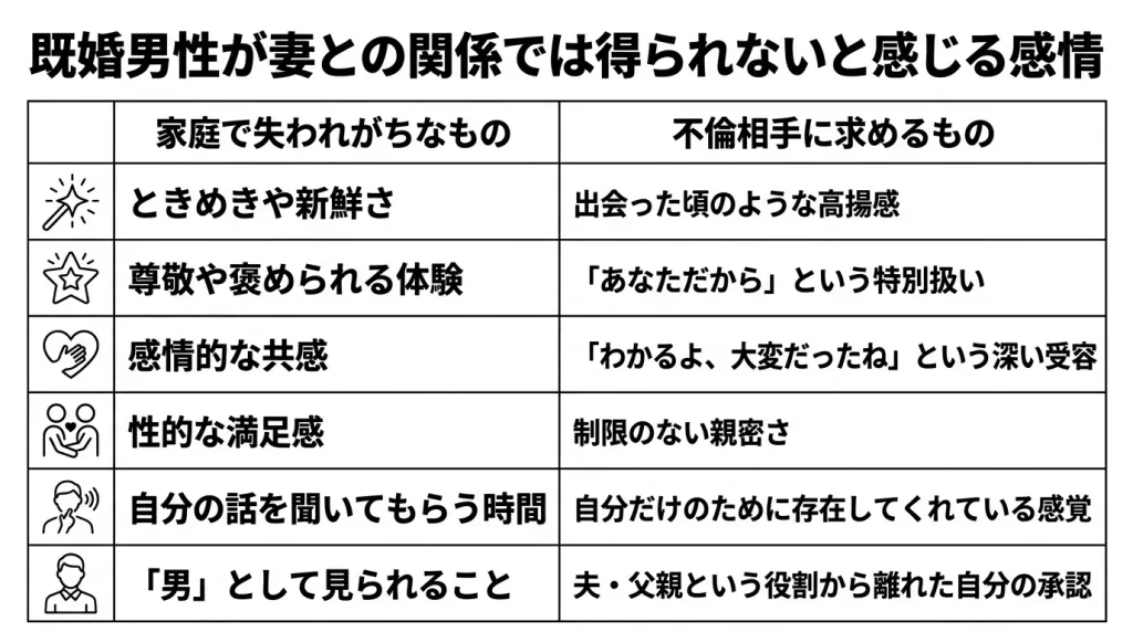既婚男性が妻との関係では得られないと感じる感情
