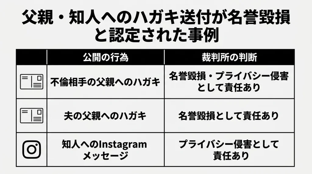 父親・知人へのハガキ送付が名誉毀損と認定された事例