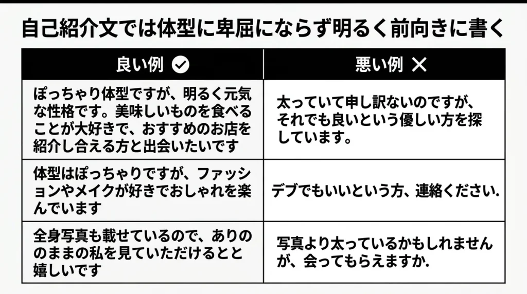 自己紹介文では体型に卑屈にならず明るく前向きに書く