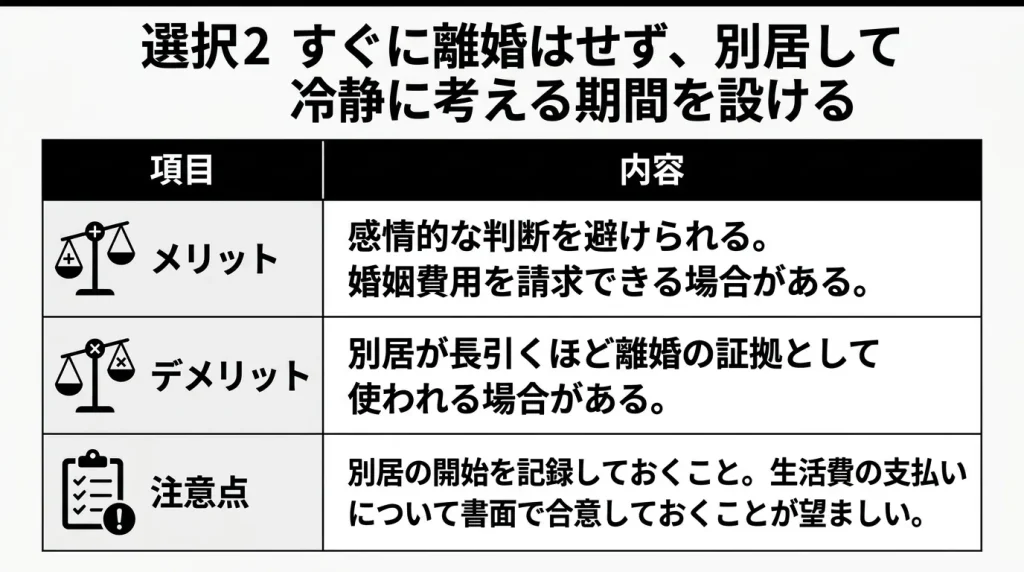選択肢2 すぐに離婚はせず、別居して冷静に考える期間を設ける