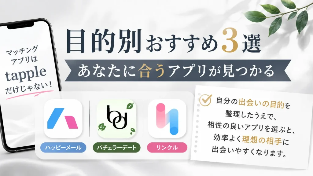 マッチングアプリはtapple（タップル）だけじゃない！目的別おすすめ３選