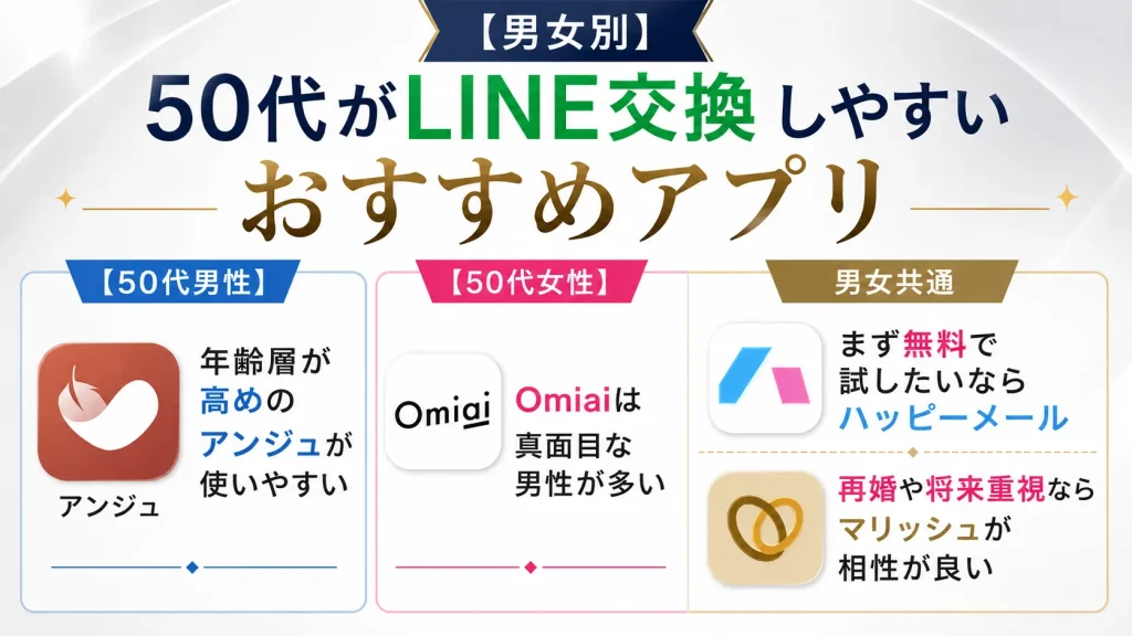 【男女別】50代がLINE交換しやすいおすすめアプリ