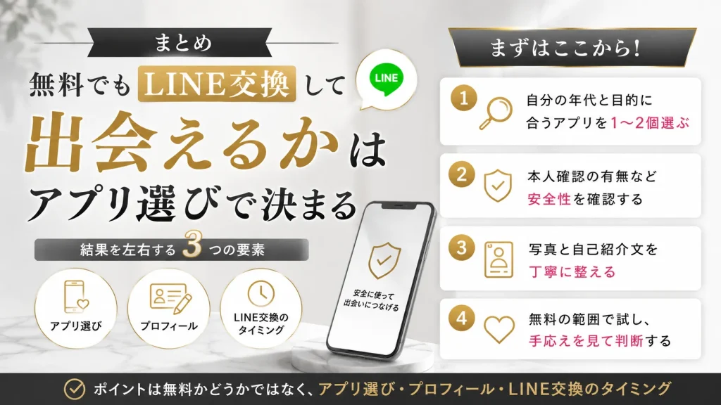 まとめ|無料でもLINE交換して出会えるかはアプリ選びで決まる